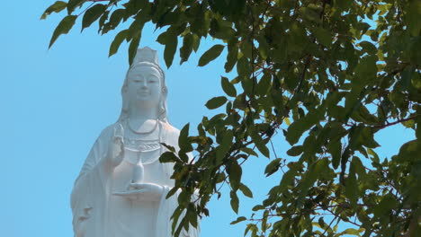 gran estatua blanca de la señora buda con follaje de árbol verde en primer plano