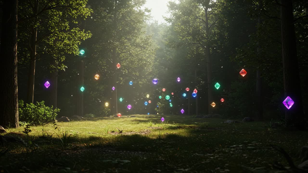 A Magical Forest Path Filled with Vibrant Floating Orbs, Illuminating the Scene with a Colorful Glow in the Midst of Lush Greenery and Soft Sunlight