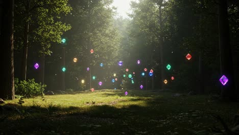 a magical forest path filled with vibrant floating orbs, illuminating the scene with a colorful glow in the midst of lush greenery and soft sunlight