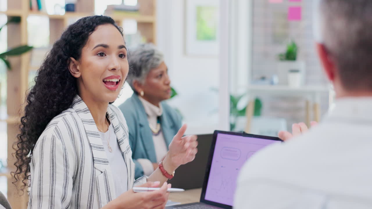 Meeting, laptop and business woman in discussion