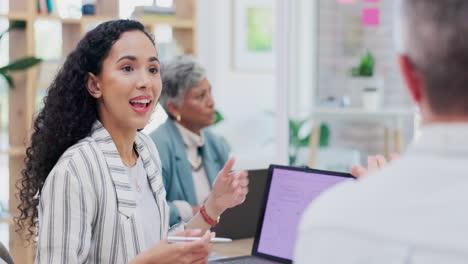 Meeting,-laptop-and-business-woman-in-discussion