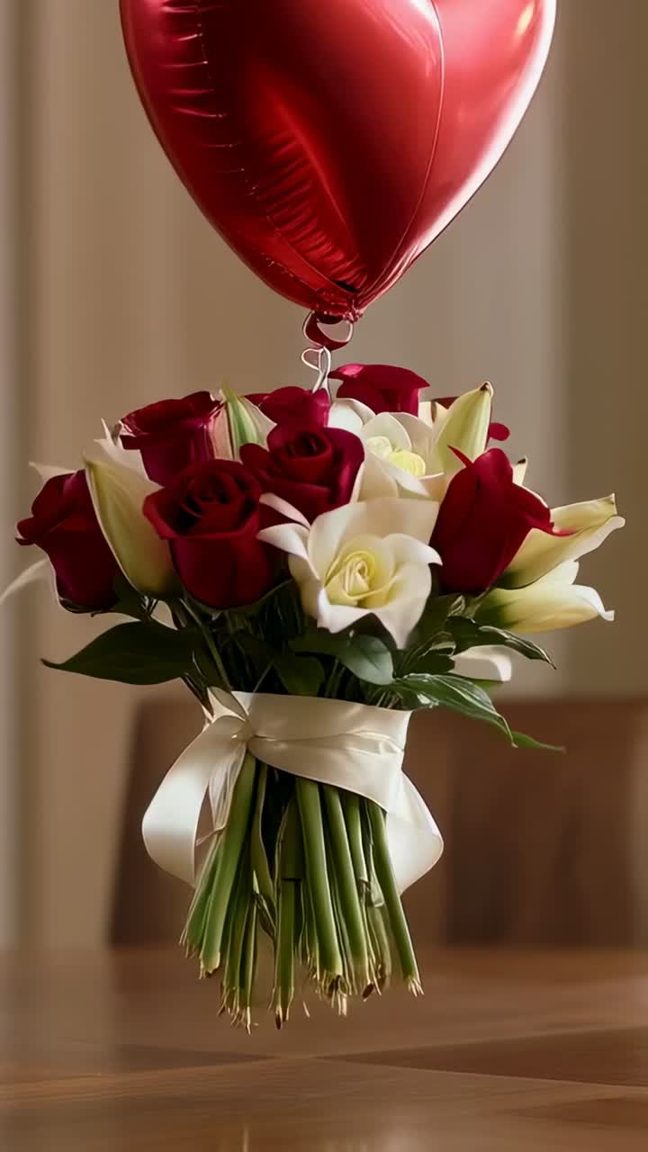 Video verticale: bouquet di rose e gigli che ruota, appeso a un palloncino a forma di cuore che oscilla sul tavolo a partire da una bozza