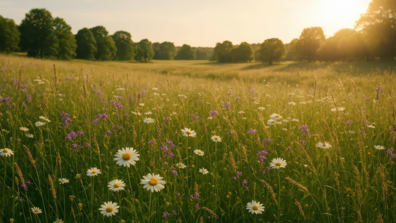 A serene landscape video captures a field of wildflowers at sunset
