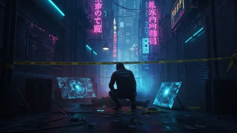 in a neon-lit alley, a lone figure stands over a mysterious scene, illuminated by vibrant digital displays and surrounded by caution tape, capturing a moment of suspense and intrigue