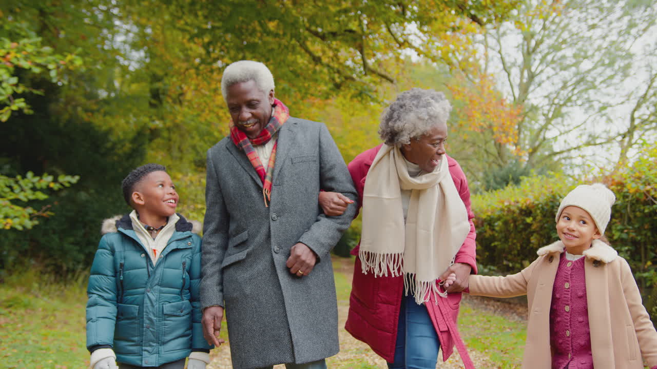 abuelos sonrientes tomados de la mano con los nietos caminando juntos por el campo de otoño antes de que los niños corran delante - filmado en cámara lenta