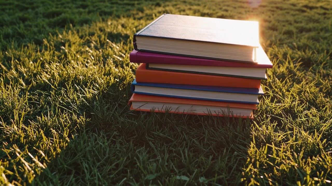 Pila di libri appoggiata sull'erba verde al tramonto