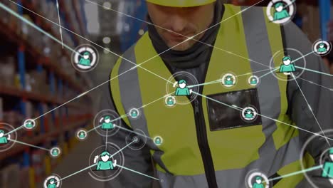 animation of network of connections over caucasian male worker in warehosue