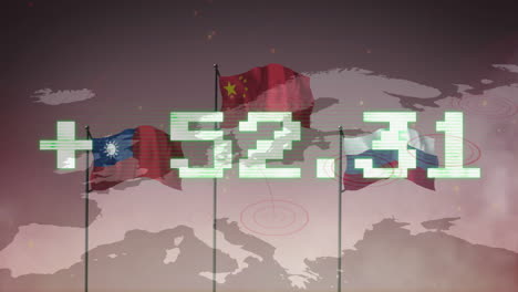 세계 지도 배경에 숫자 애니메이션이 있는 여러 나라의 발