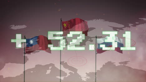 flags of multiple countries with number animation over world map background