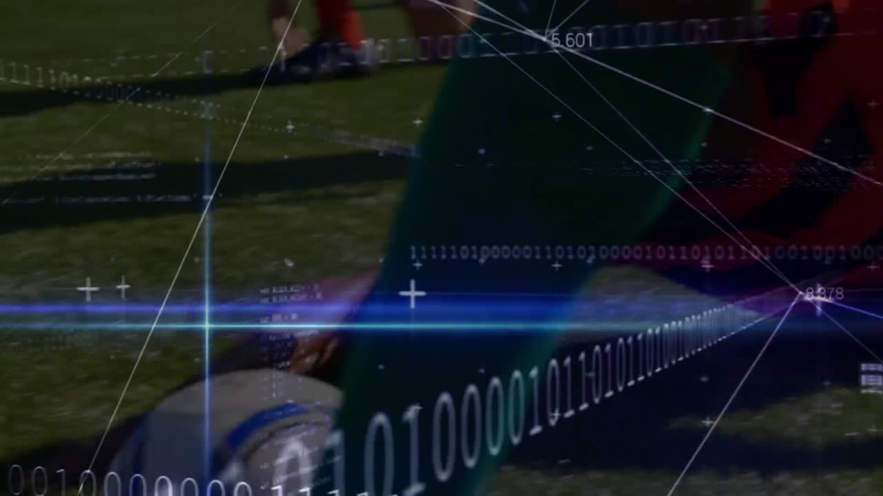 스타디움에서 뛰는 다양한 남성 축구 선수에 대한 데이터 처리 애니메이션