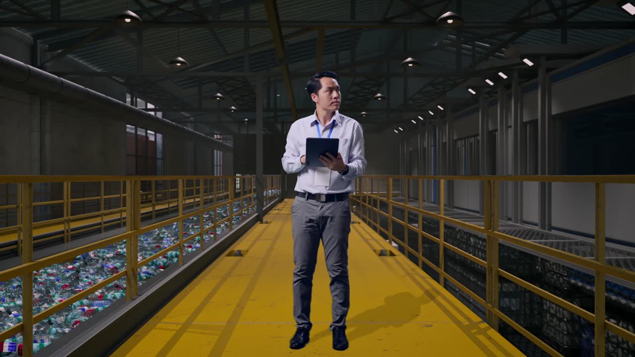 Full Body Side View Of An Asian Male Professional Worker, Inspecting Plastic Recycling Factory with Conveyor of Bottles, Observes By Looking Up Before He Come To Concentrating On The Tablet And Keep On Typing