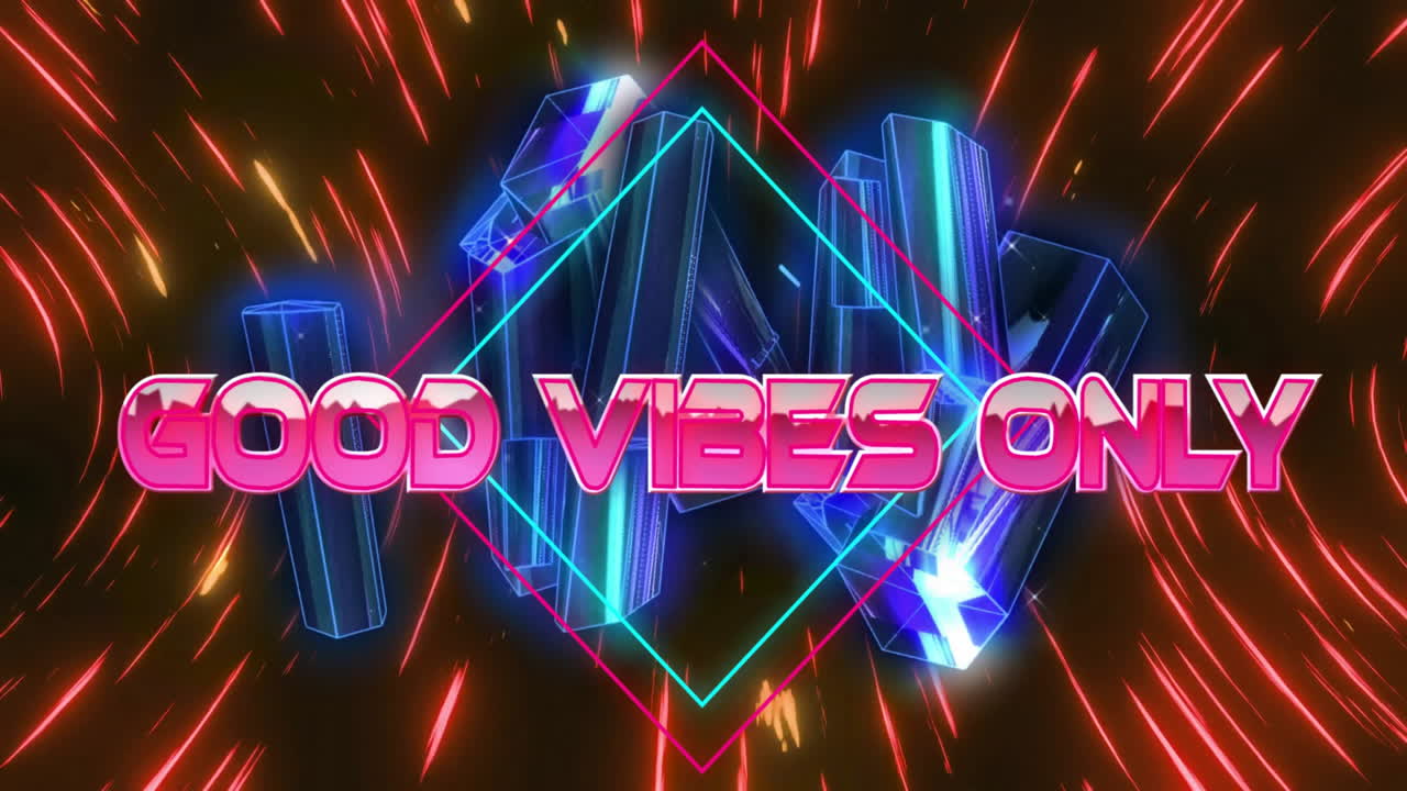 Animation of good vibes only text and blue crystals over neon shapes