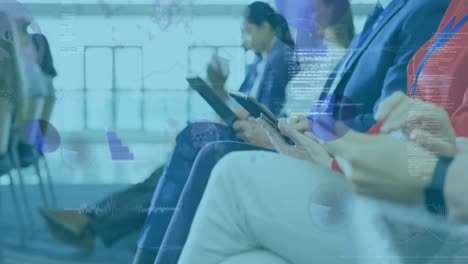 animation of data processing over diverse business people with smartphones