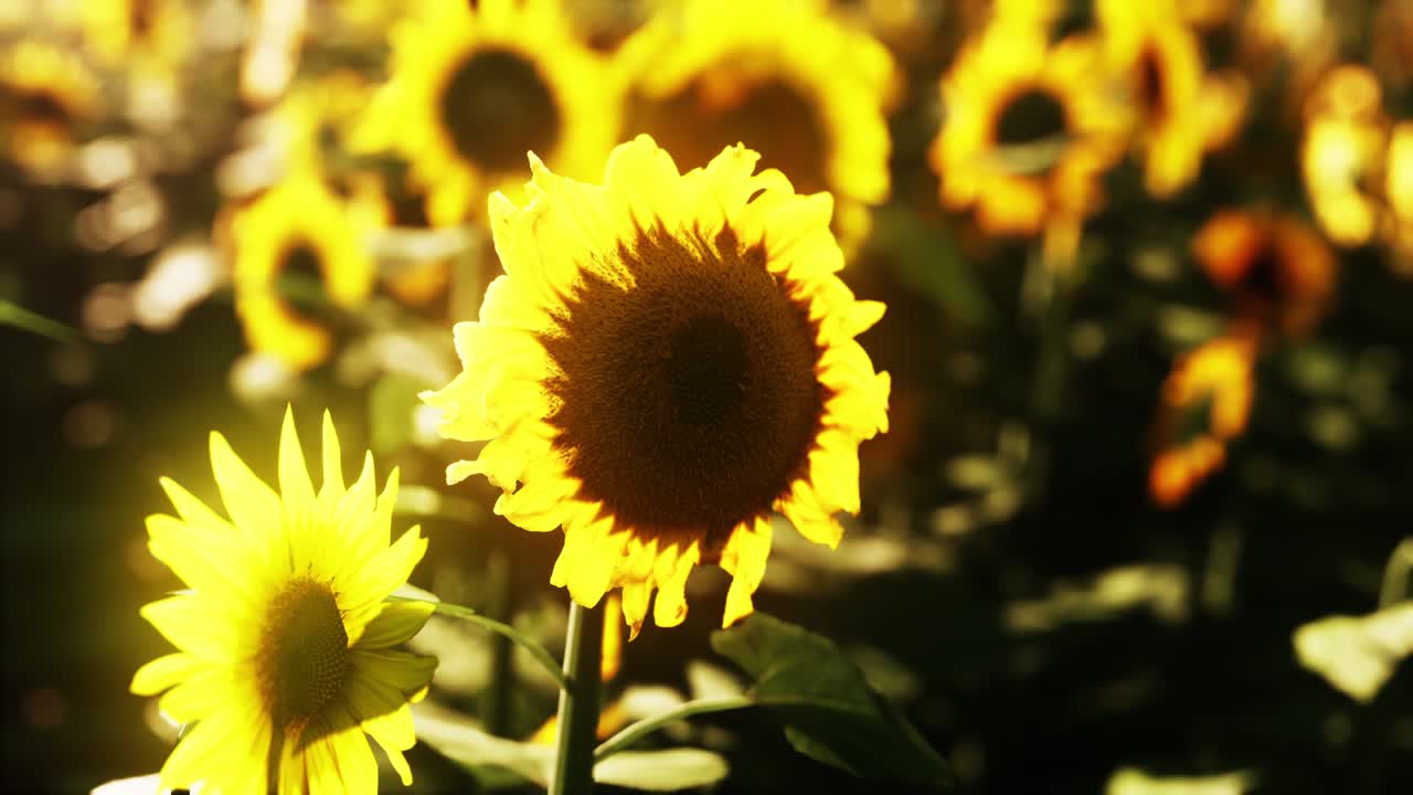 많은 밝은 노란색의 큰  ⁇ 꽃이 해가 지는 동안 농장 들에서