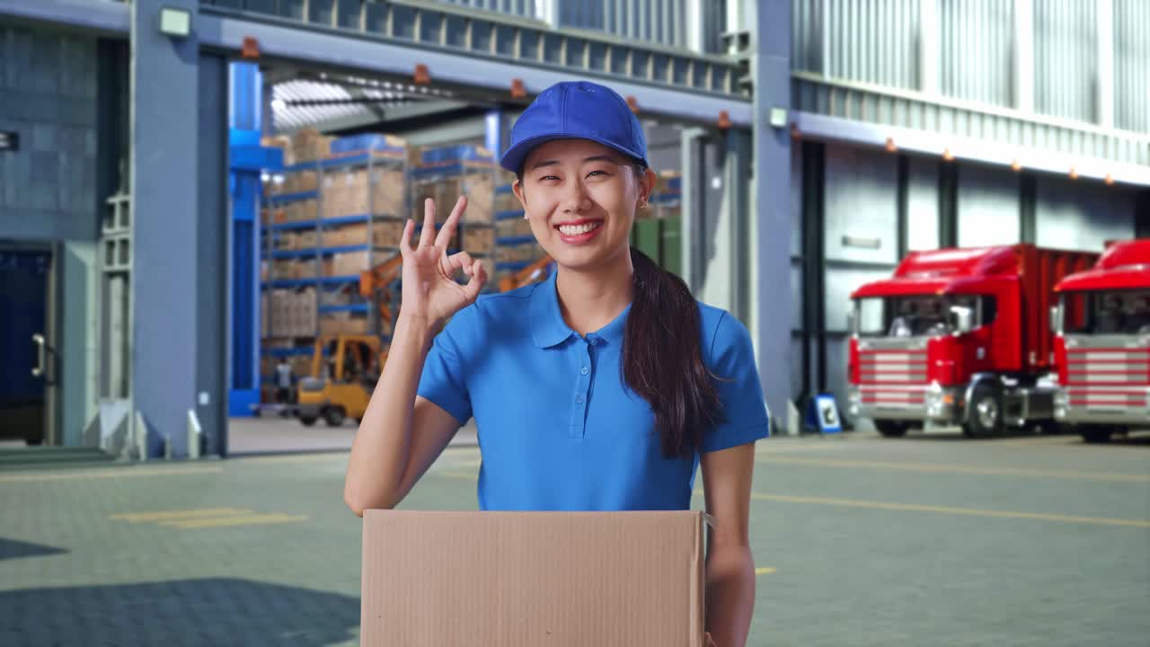 Asian Female Courier In Blue Uniform Showing Okay Gesture And Smiling While Delivering A Carton, Outside Warehouse