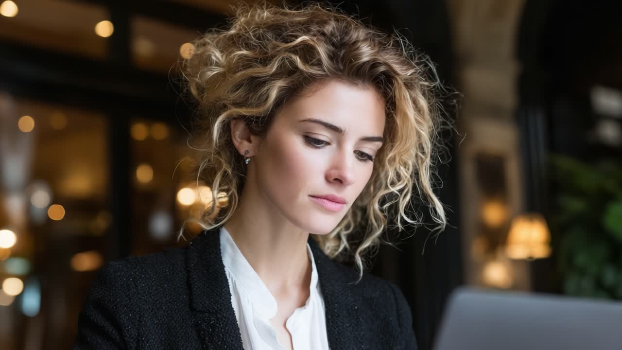 Um Profissional Focado Engajado com Tecnologia em um Ambiente de Café Elegante, Destacando Concentração e Postura em Meio a um Cenário Estiloso