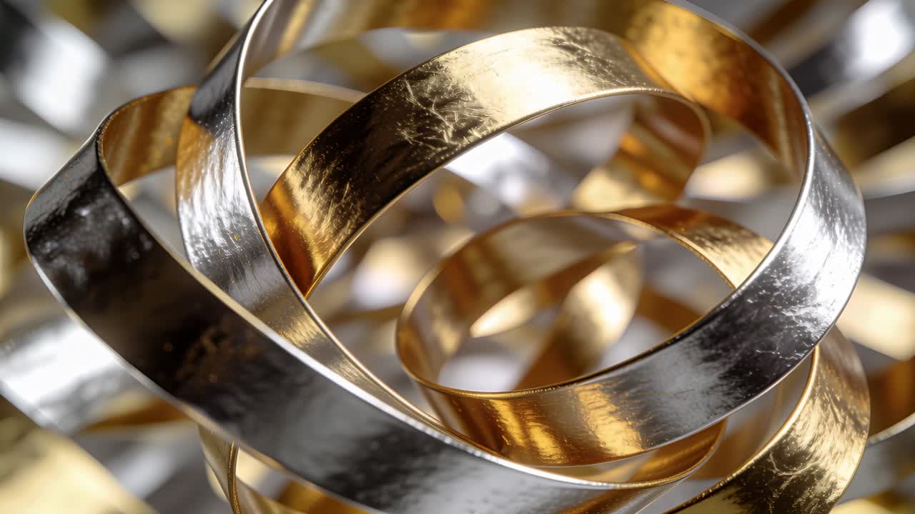 Nastri a spirale d'oro e d'argento che ruotano durante una lenta ripresa in avanti, rivelando la spira interna per il marketing