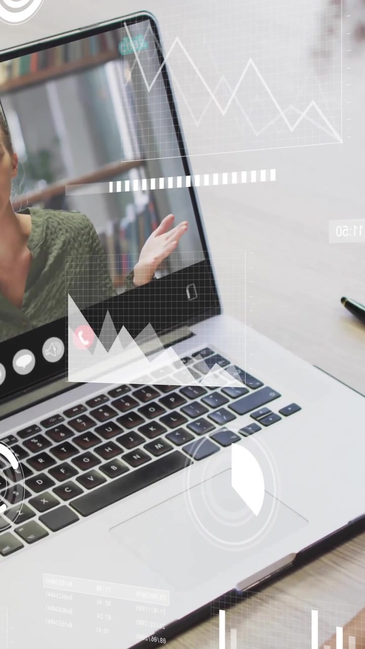 Animation of financial data processing over diverse business people on laptop video call