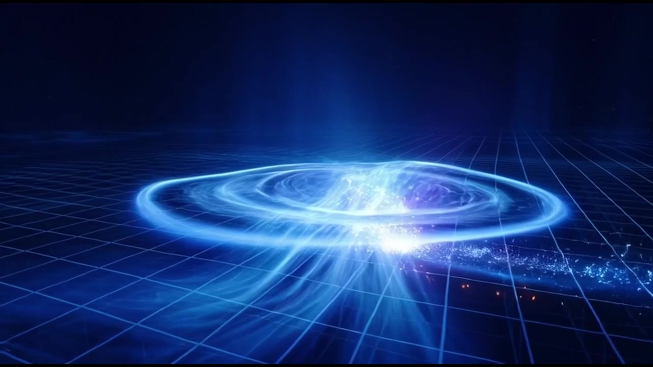 Animazione astratta di particelle di energia luminose che formano un vortice su una griglia