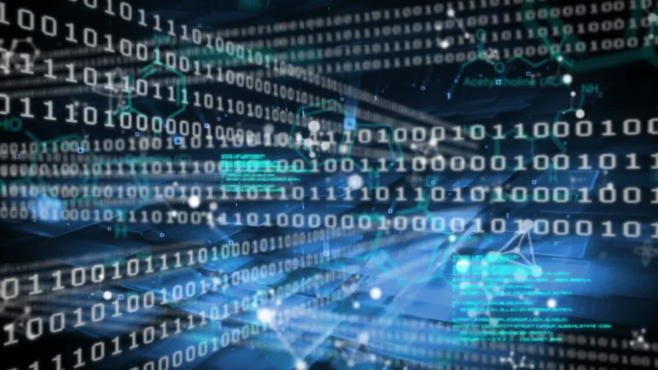 Animation of binary code and scientific data processing on black background