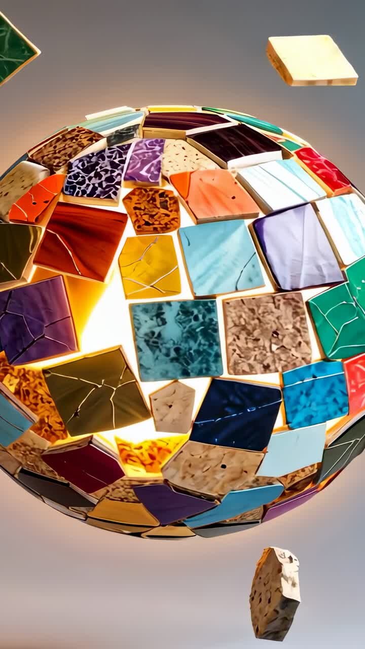 Vertical video: Activating internal light causing mosaic sphere rotating in studio shards detaching