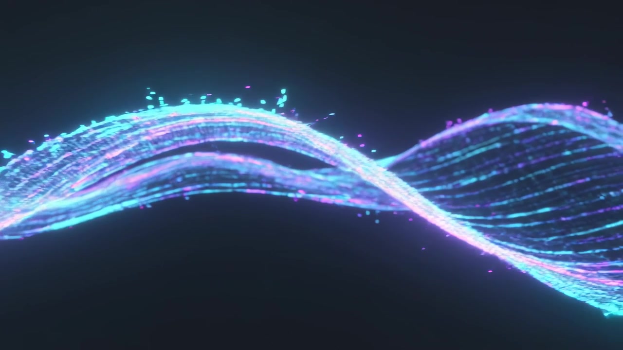 Nastri turchesi e magenta che fluiscono, cambiando fase e avvolgendosi nello spazio buio, emettendo scintille.
