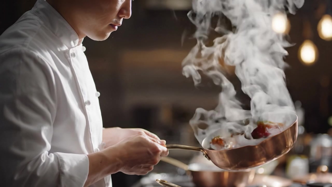 Tecniche di Cucina: Uno Chef Prepara con Maestria Piatti Gourmet in una Cucina Professionale, Mettendo in Mostra l'Arte della Creazione Culinaria con Vapore ed Eleganza