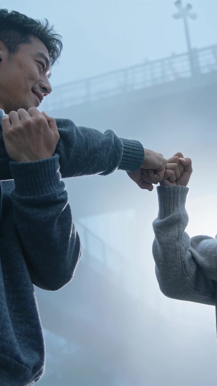 Vertical video: Leaning left man greeting with fist bump, extending arms under bridge knit sweaters