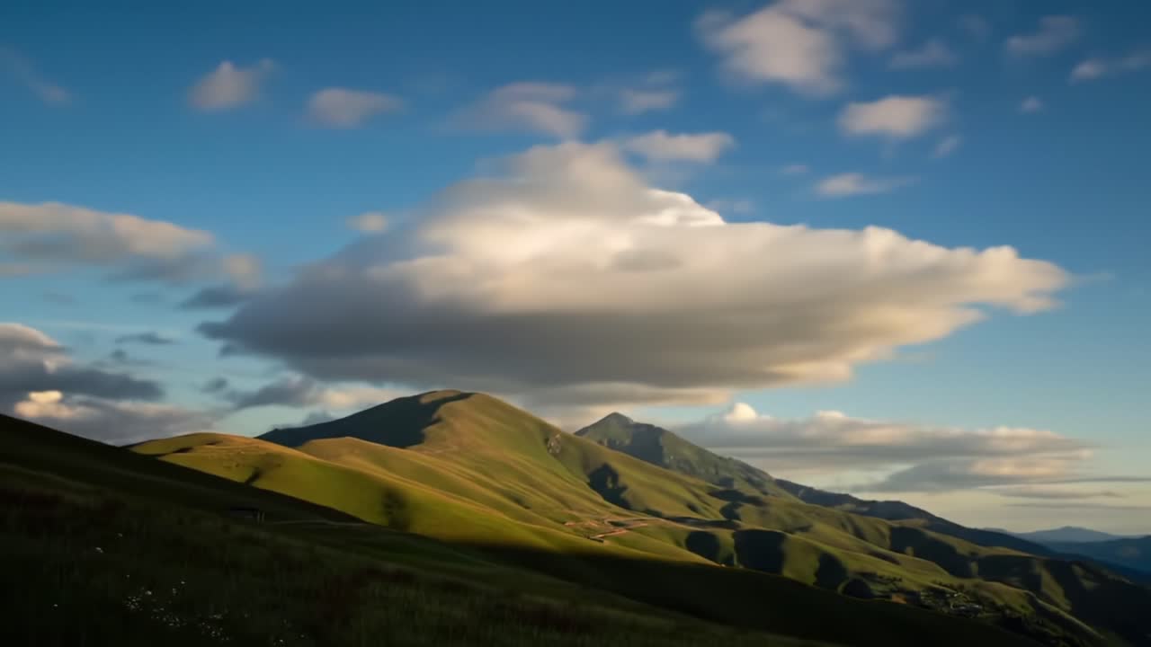 A Serene Transition from Day to Night over Majestic Mountains: Exploring the Enchanting Skies and Lush Greenery in a Tranquil Landscape