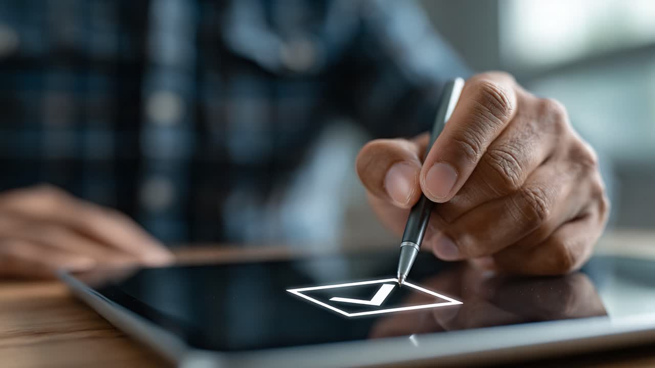 A Close-Up of a Person's Hand Using a Stylus to Input a Checkbox on a Touchscreen Device, Focusing on Digital Interaction and Modern Technology Trends