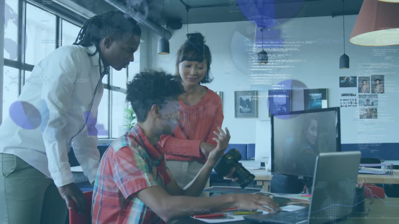 Animation of data processing over diverse colleagues discussing work in office