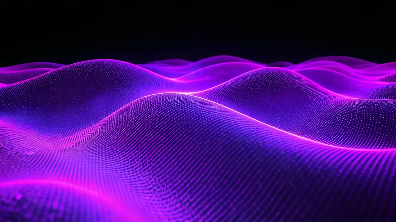 Revealing glowing purple-magenta mesh waves rippling forward in dark void, pulsing for fluid motion