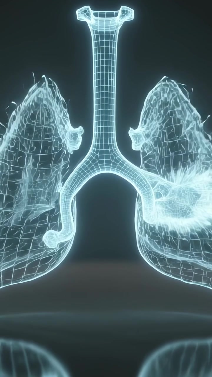 Video verticale: Scintille iniziali sulle punte, polmoni in wireframe al neon che formano pennacchi in studio mostrando il flusso.