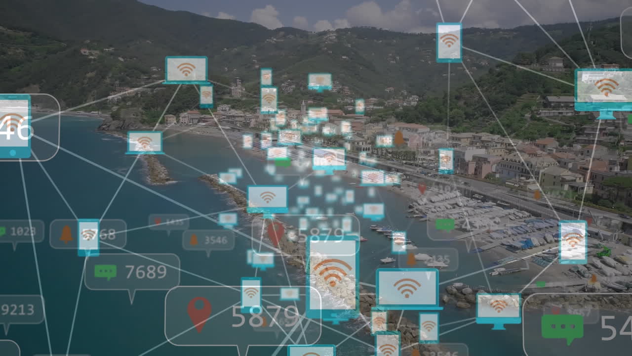 animación de la red de iconos de medios con símbolo wifi y notificaciones de red sobre la ciudad costera