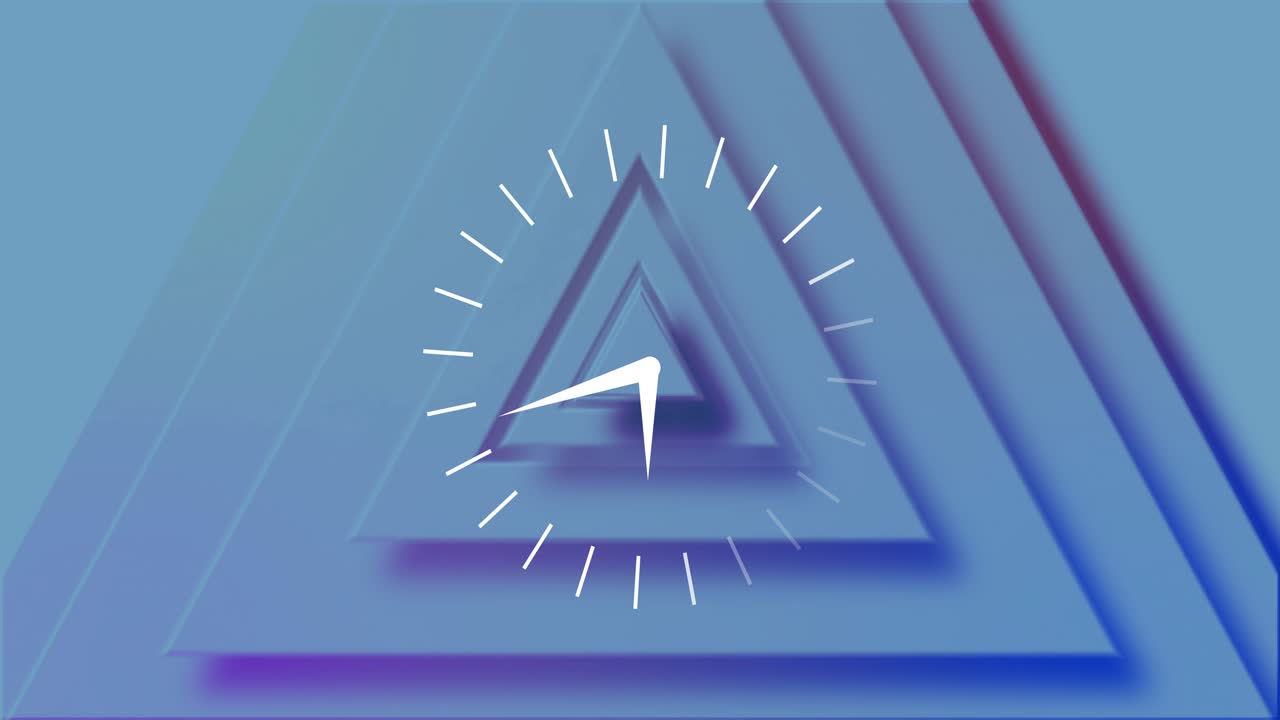 Clock animation with layered blue triangular shapes in dynamic background design