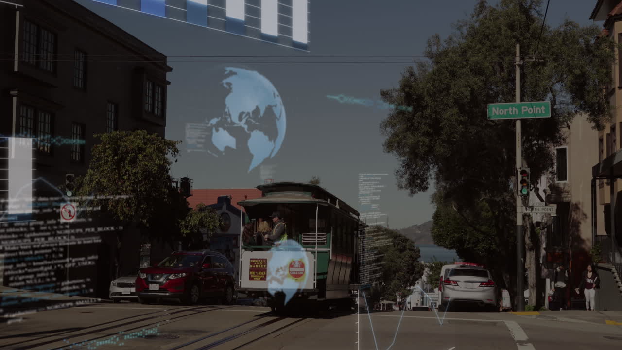 도시 풍경 위의 금융 데이터 처리 애니메이션