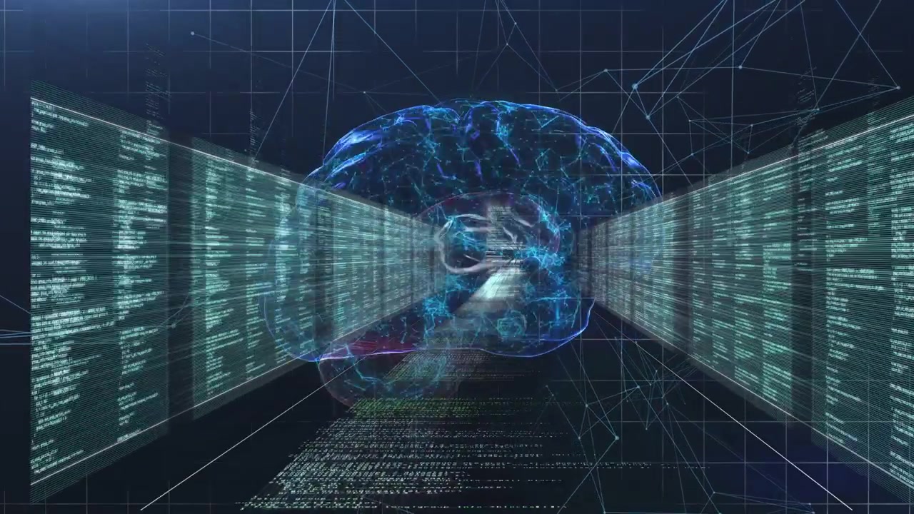 Data panels sliding inward forming tunnel, 3D brain glowing, light streak scanning core to map data