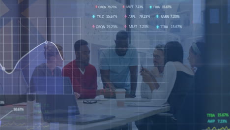 animation of stock market data processing over team of diverse colleagues discussing at office