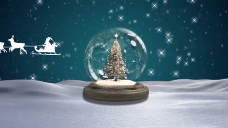 santa claus in sleigh being pulled by reindeers against christmas tree in a snow globe