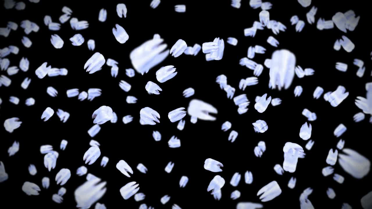 검은색 바탕에 많은  이빨을 날아다니며, 치과 관리 개념, 치아 회전의 3d 애니메이션, 루프 애니메이션.