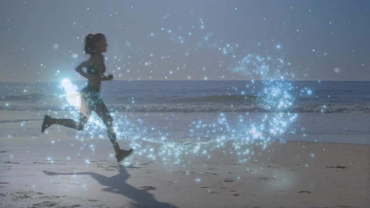 Female runner sprinting shore, blue orb appearing trailing sparkles looping torso, showing fitness