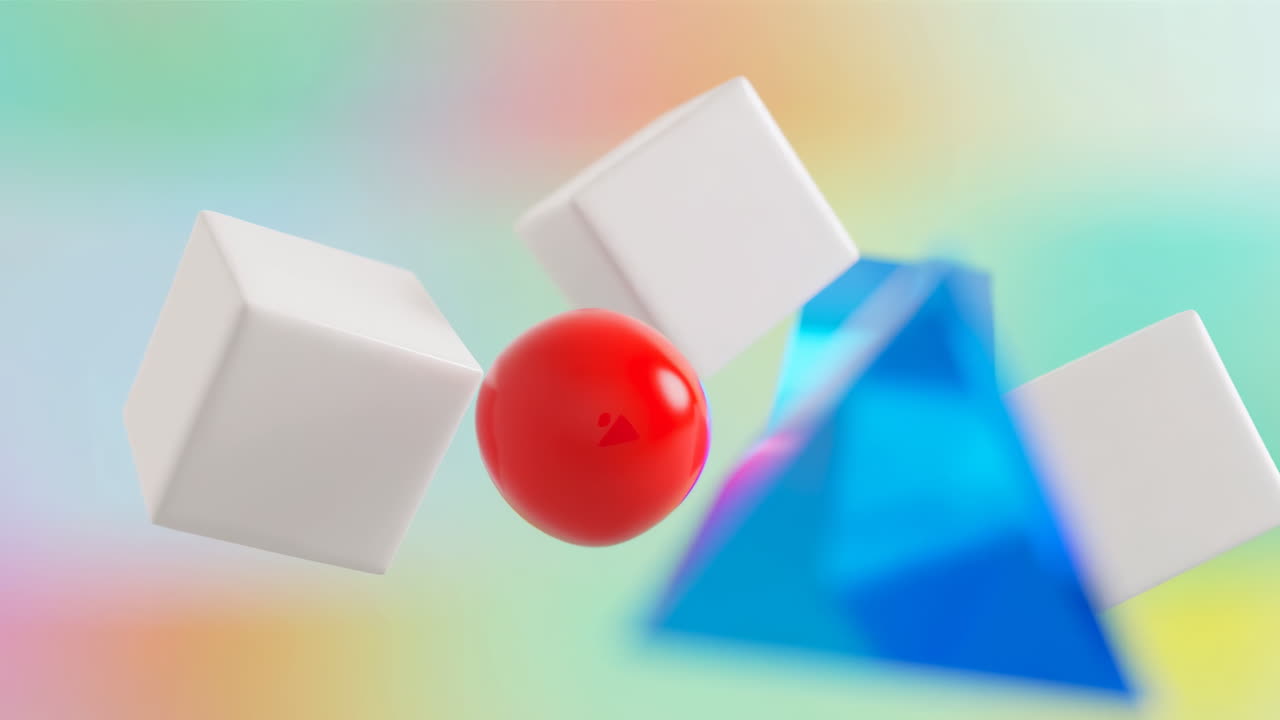 カラフルなグラデーション背景に浮かぶ3D幾何学図形