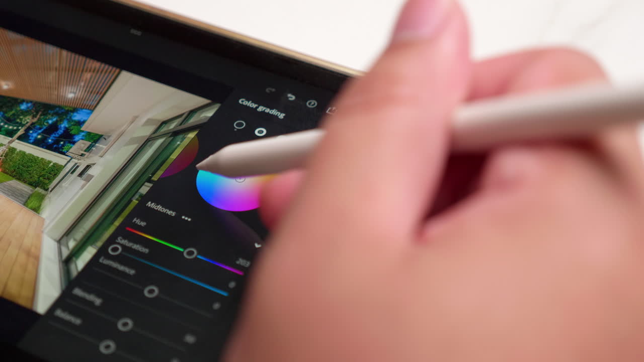 fotógrafo editando una foto en una tableta digital, antes y después de la corrección de color