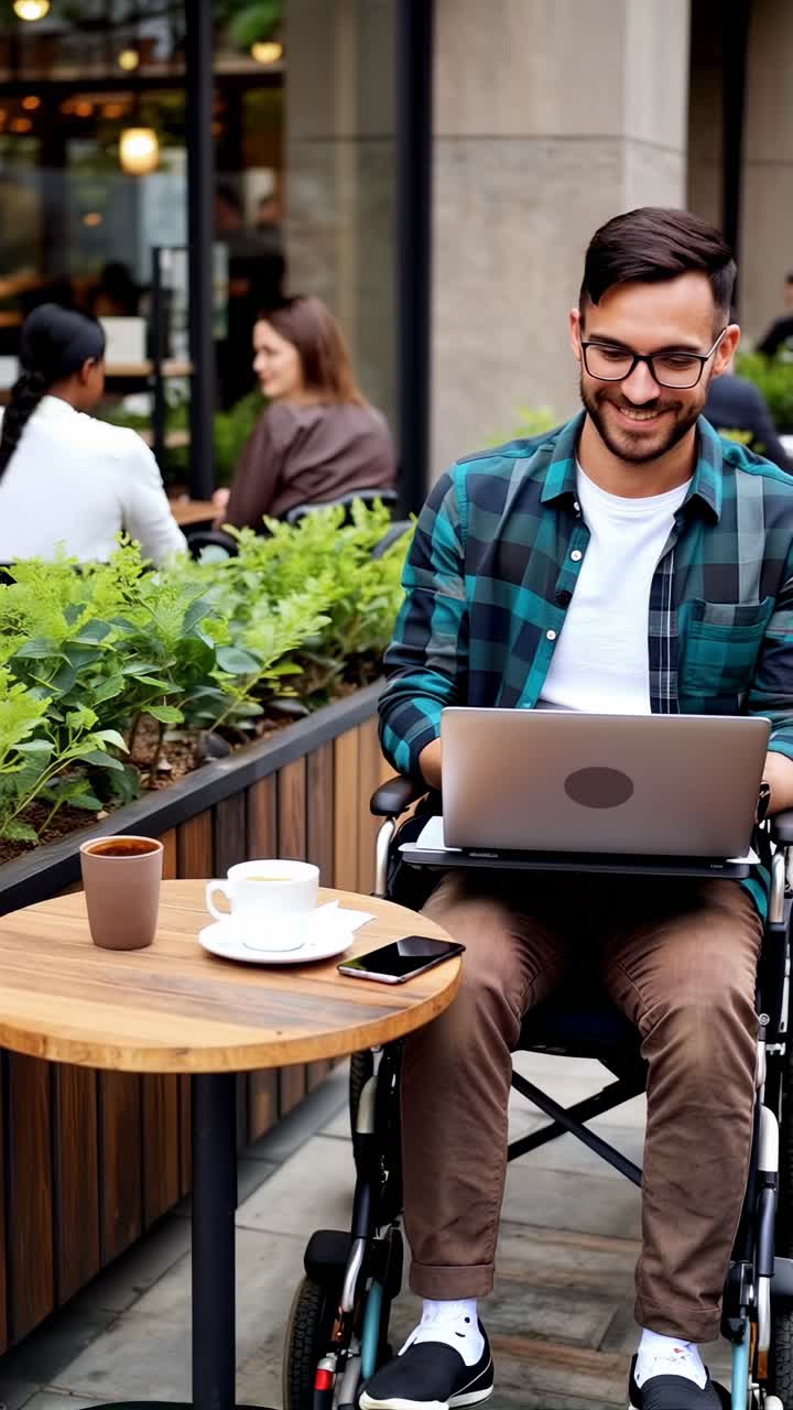 A man in a wheelchair is sitting at a table with a laptop in coffee shop.
