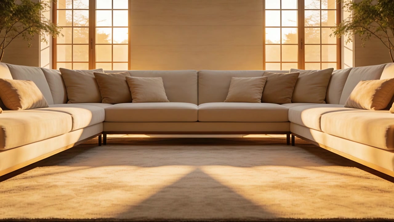 Basking beige L-shaped sofa soaking shifting sunlight as camera zooming in living room with windows