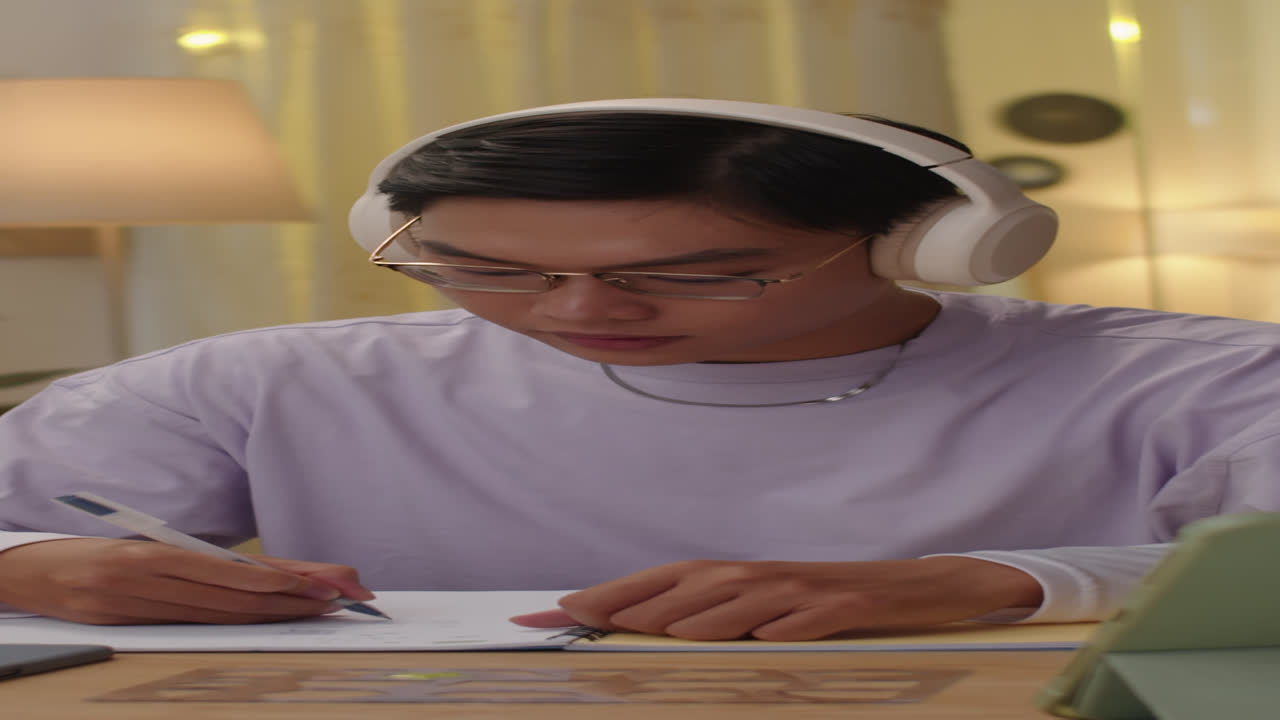 Vertical of Teenager Doing Homework and Listening to Music in Headphones