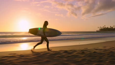 surfer running on a tropical beach at sunset