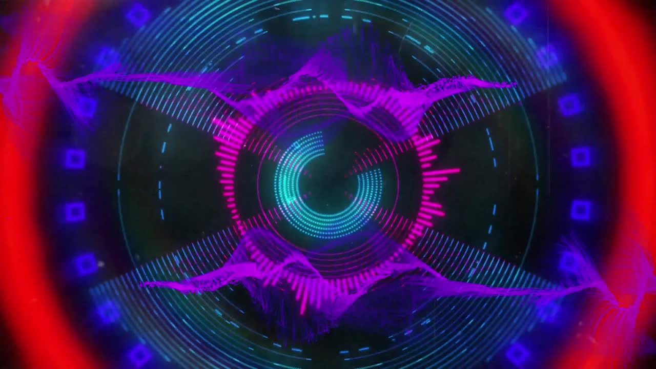 검은 바탕에 빛나는 원형 패턴 위의 연기 패턴의 애니메이션