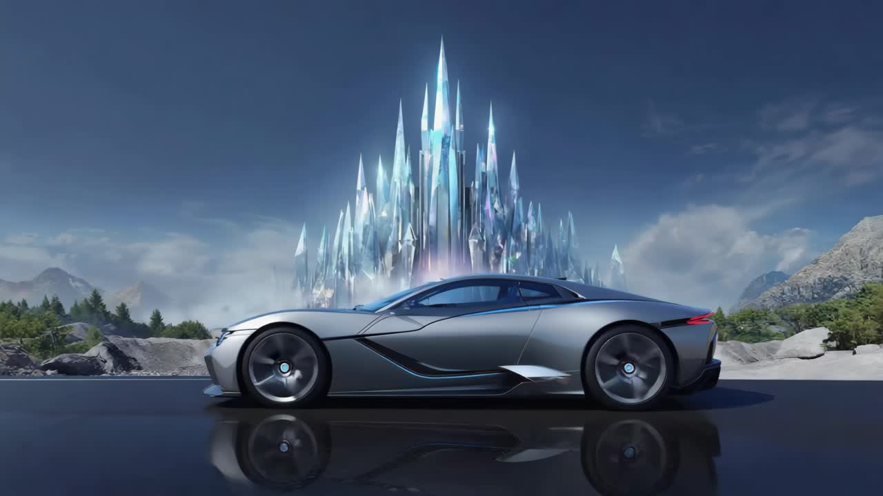 Sleek Futuristic Car Driving Past a Shimmering Crystal Castle