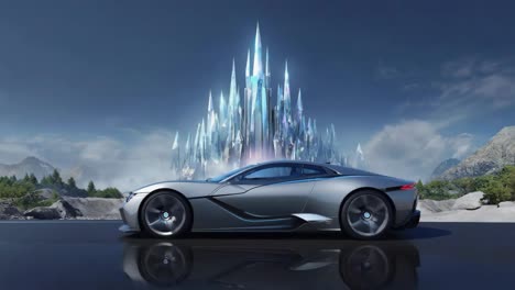 sleek futuristic car driving past a shimmering crystal castle